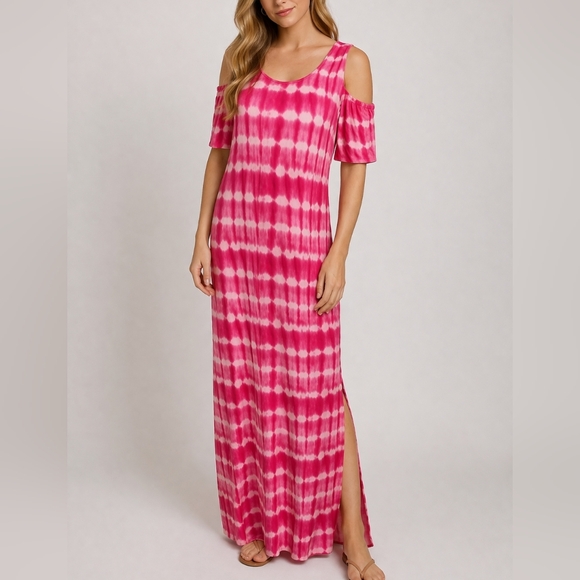 Design History Dresses & Skirts - DESIGN HISTORY Hot Pink Shibori Cold Shoulder Beach Resort Maxi Dress